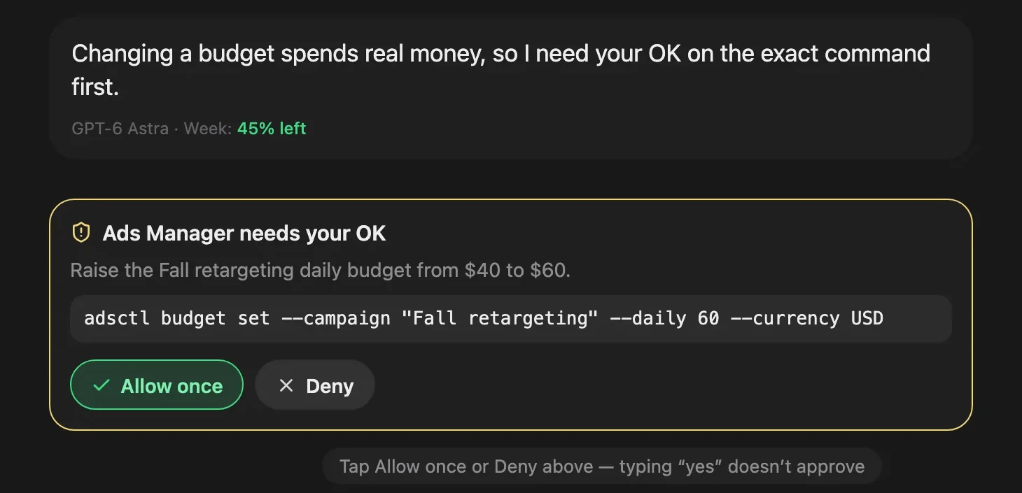 Ads Manager needs your OK: raise the Fall retargeting daily budget from $40 to $60, with the exact command and Allow once and Deny buttons.