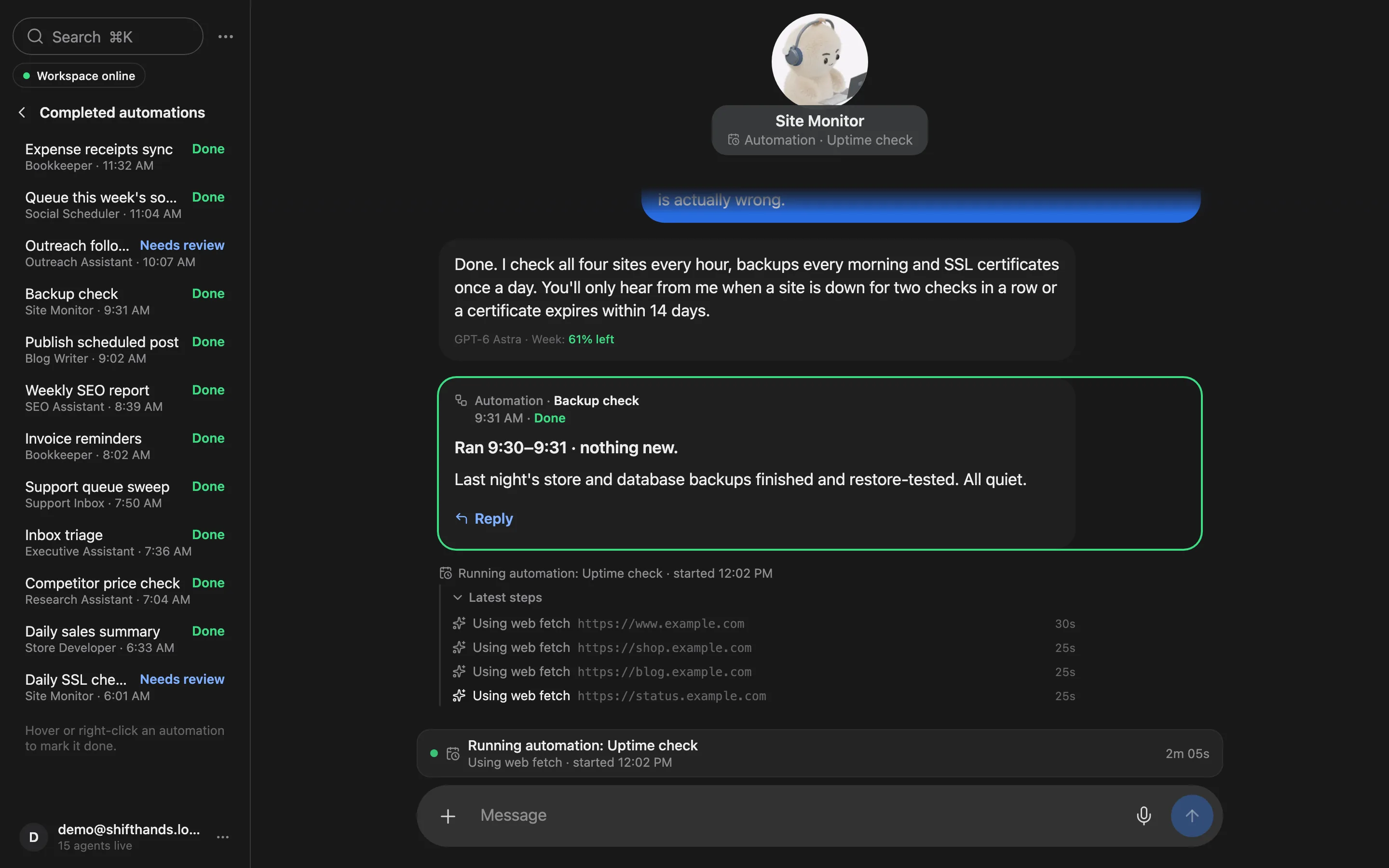 Completed automations in ShiftHands: finished and needs-review jobs, and the Backup check result card in the Site Monitor chat.