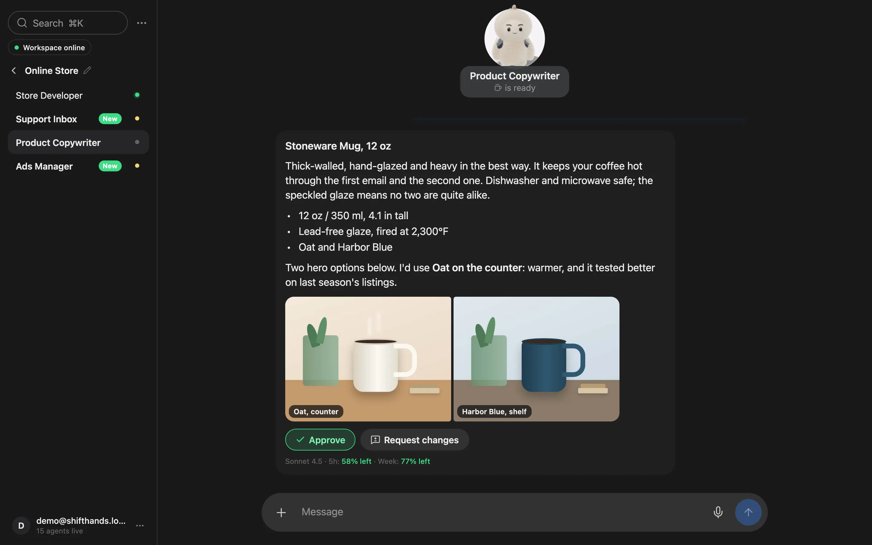 The ShiftHands app with the Online Store project open: Store Developer working, Support Inbox and Ads Manager waiting, and Product Copywriter showing two product photos to approve.